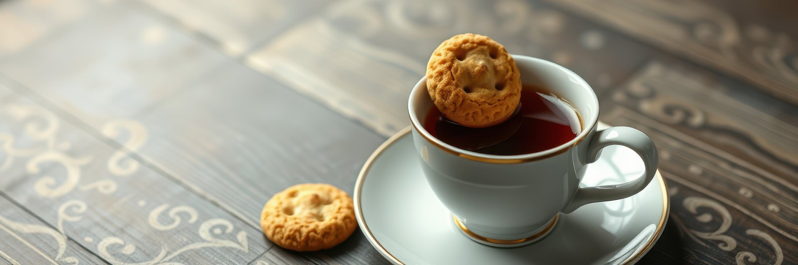 Enjoying tea with cookies on a rustic wooden table in a cozy setting during afternoon relaxation